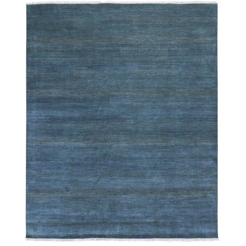 Shahbanu Rugs Prussian Blue, Modern Grass Design, Tone on Tone, Soft